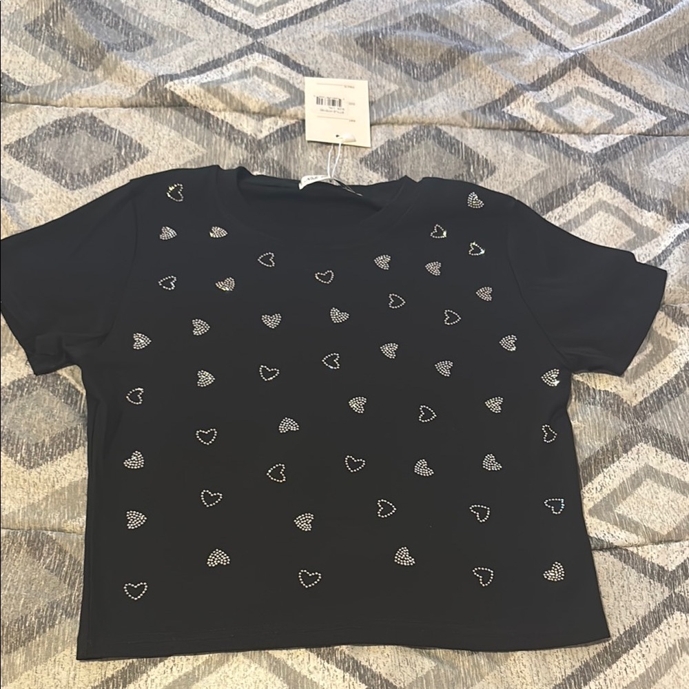Nali Collection Black Heart Rhinestone Cropped Top Shirt